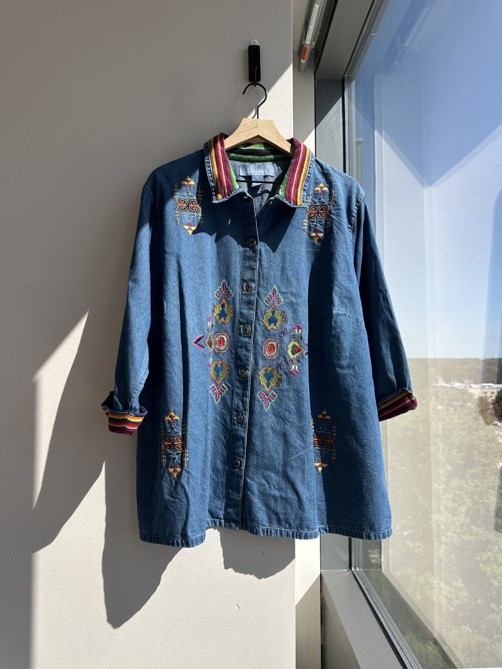 Liz & Me Cotton Denim South Western Style Embroidered Rainbow Collar Shirt Sz 2X